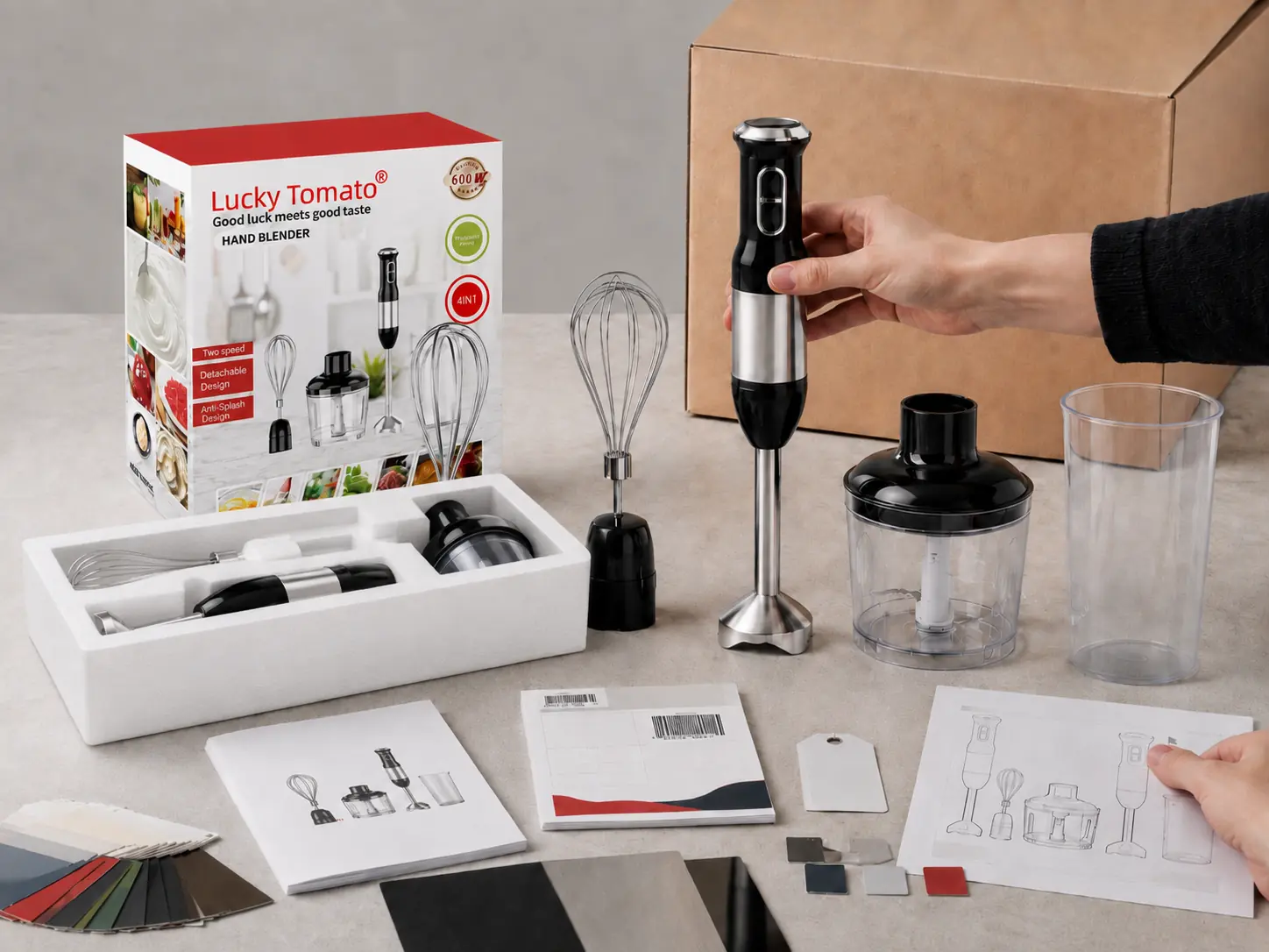 Hand mixer branding, retail packaging and accessory presentation