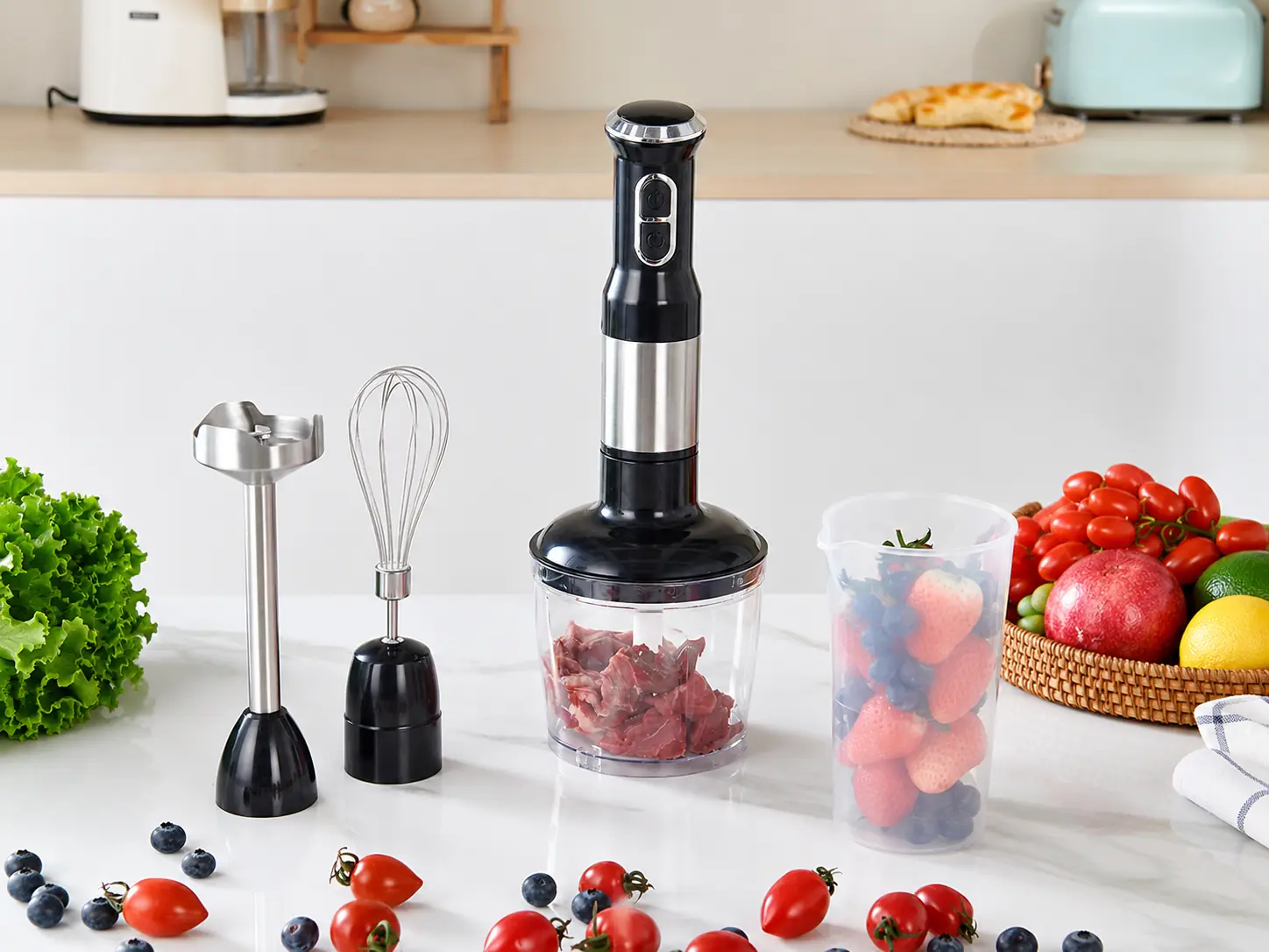 Hand mixer main unit, accessory and food preparation process