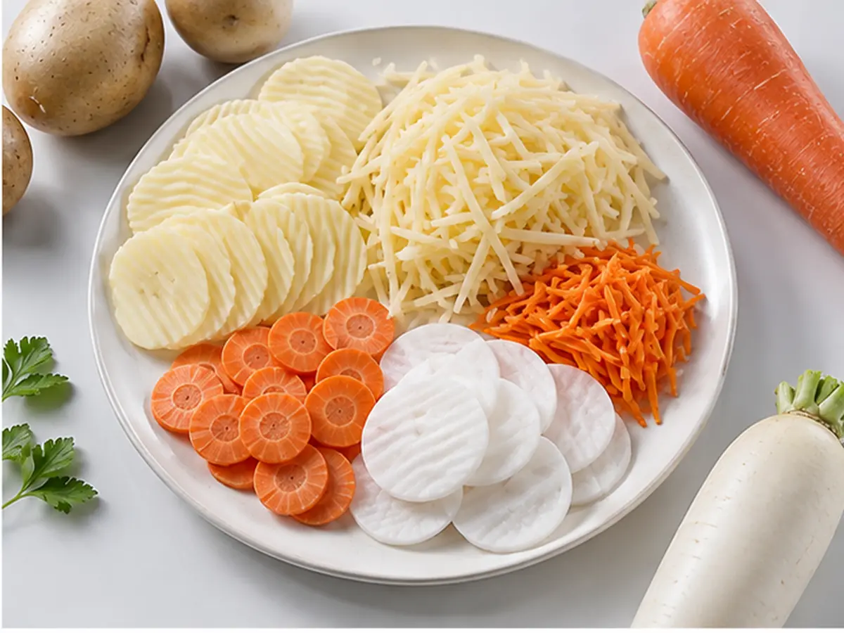 Potatoes and root vegetables prepared for slicing and shredding