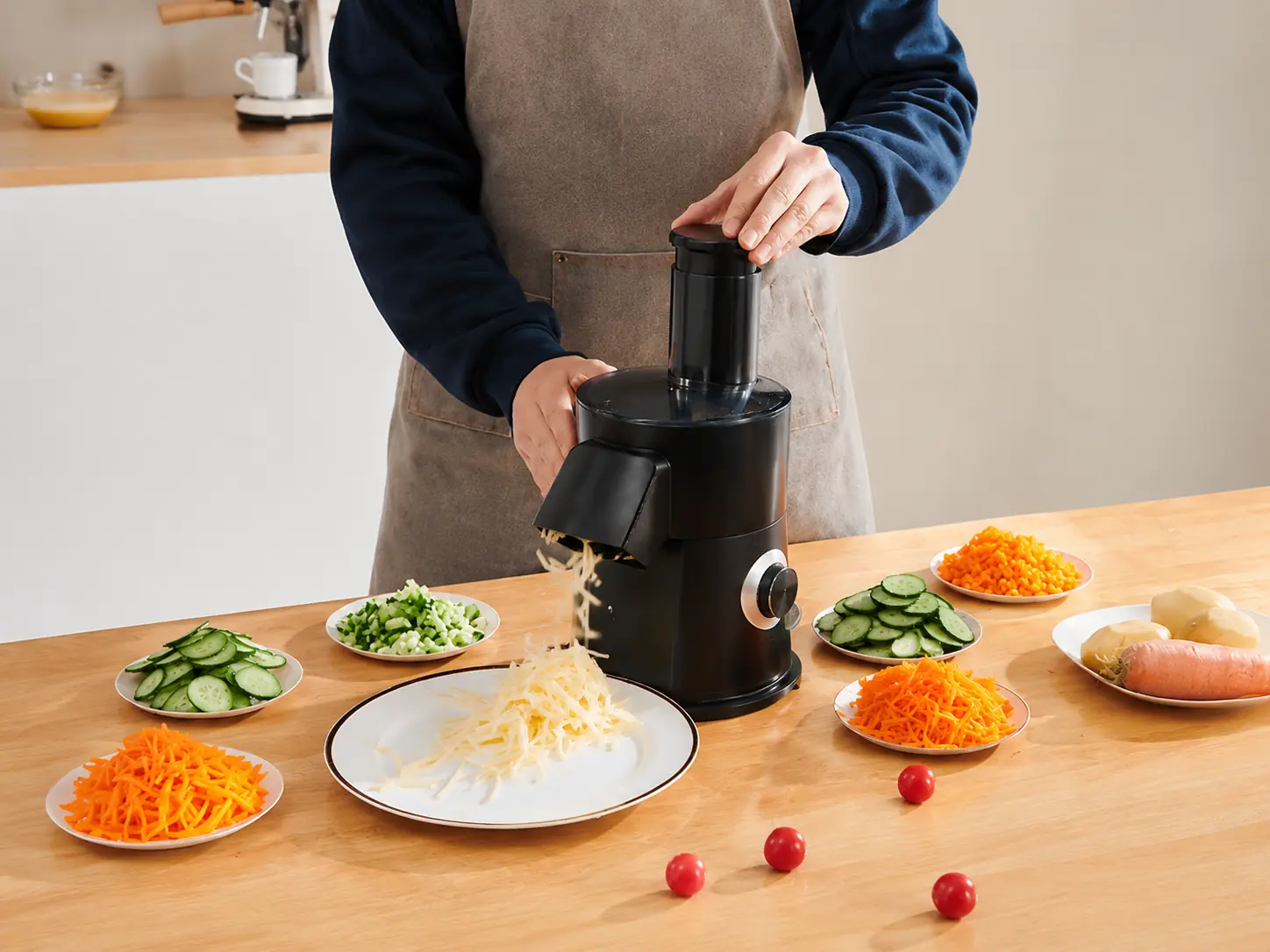 Salad maker cutting drums and accessory configuration