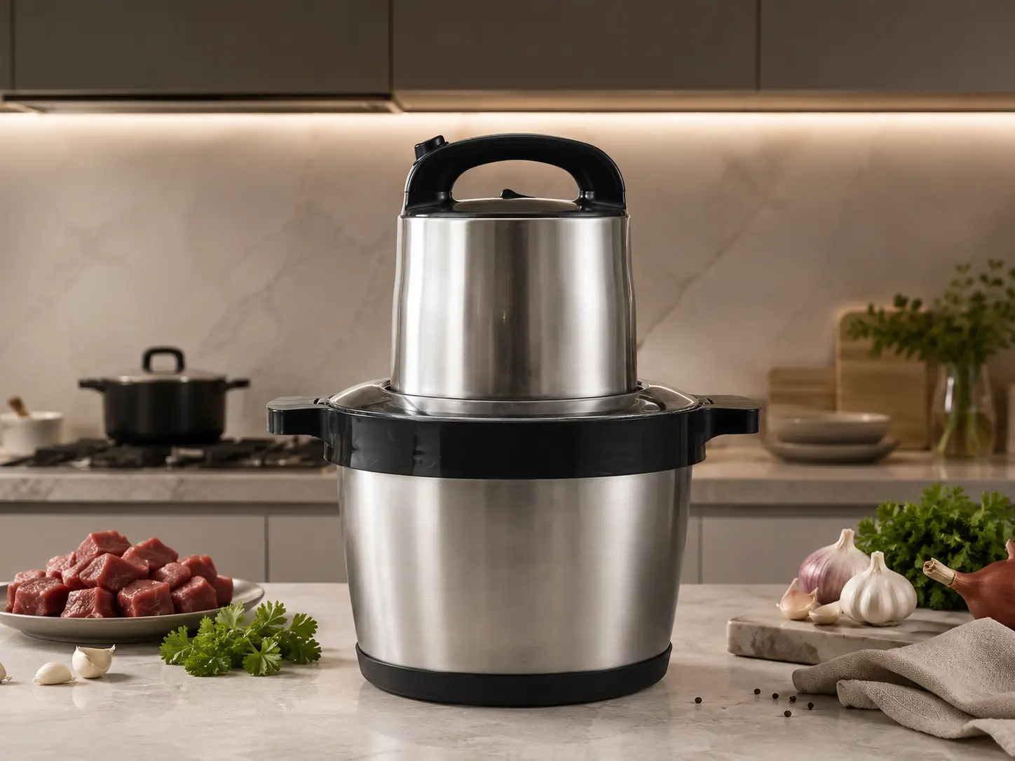 Large capacity stainless steel food chopper for higher-volume preparation