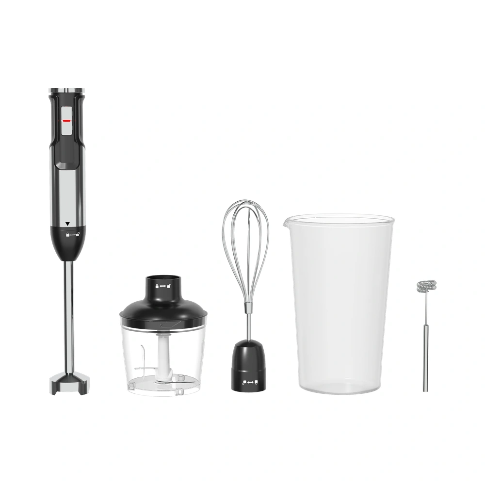 HB-E1/E2 Series 800W 0.6-1.0L immersion blender with the included accessory set, alternate accessory layout