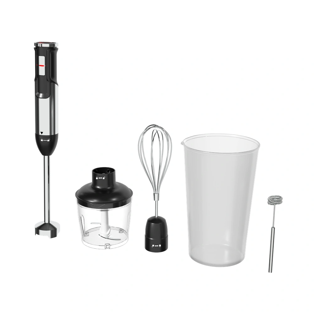 HB-E1/E2 Series 800W 0.6-1.0L immersion blender with whisk, chopper bowl and beaker attachments, alternate accessory layout