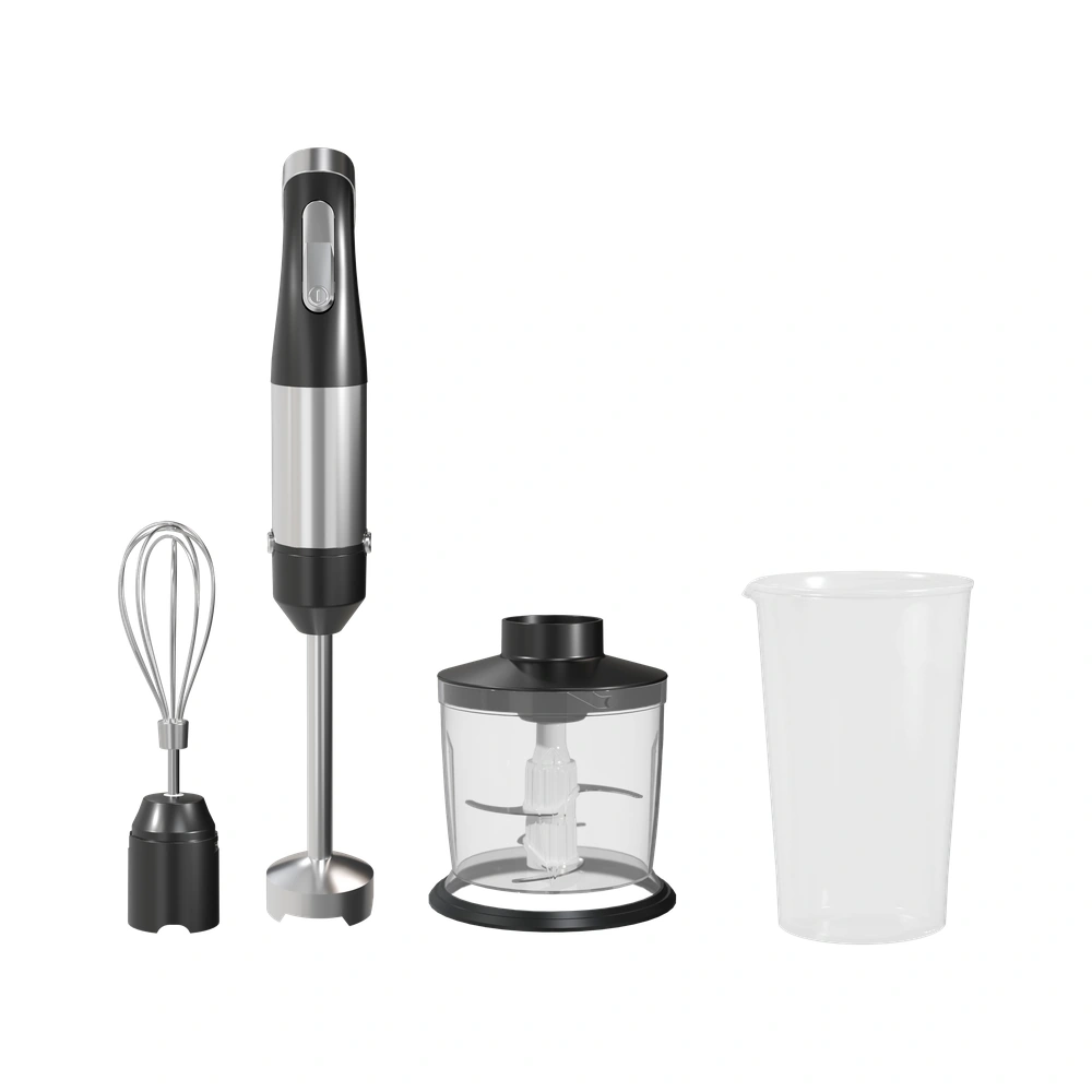 HB1361 800W 0.6-1.0L immersion blender with whisk, chopper bowl and beaker attachments, alternate accessory layout