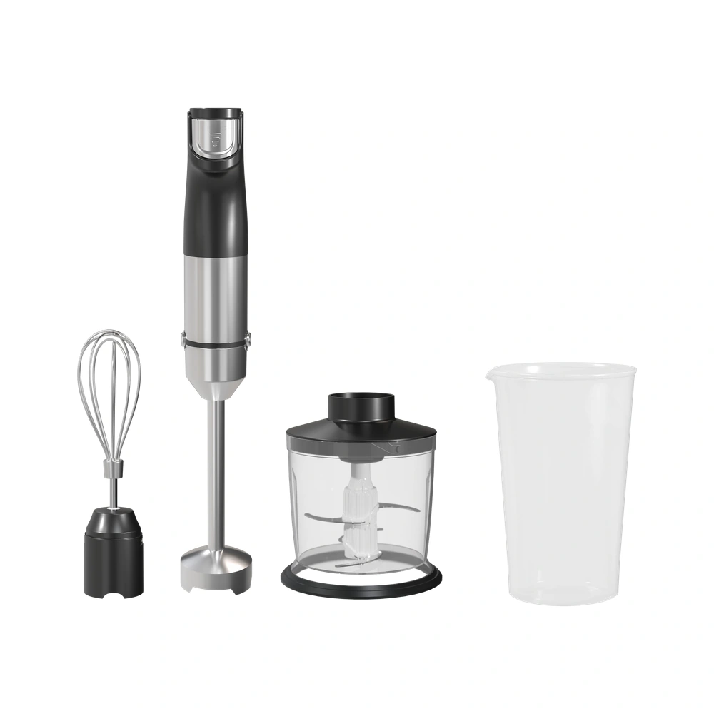 HB1362 800W 0.6-1.0L immersion blender with whisk, chopper bowl and beaker attachments, alternate accessory layout