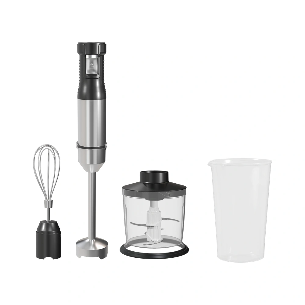 HB1363 800W 0.6-1.0L immersion blender with whisk, chopper bowl and beaker attachments, alternate accessory layout