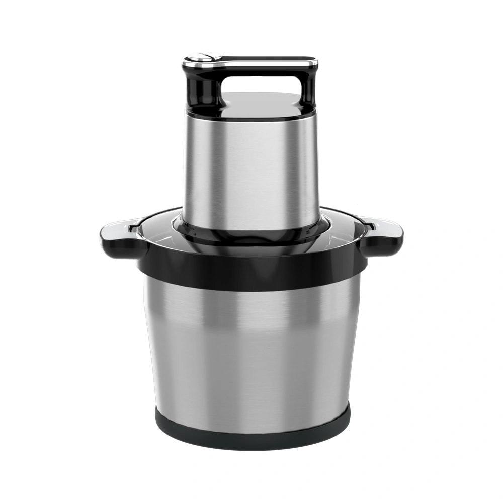 MC-04 8L food chopper, front view with stainless steel bowl and handle-top motor