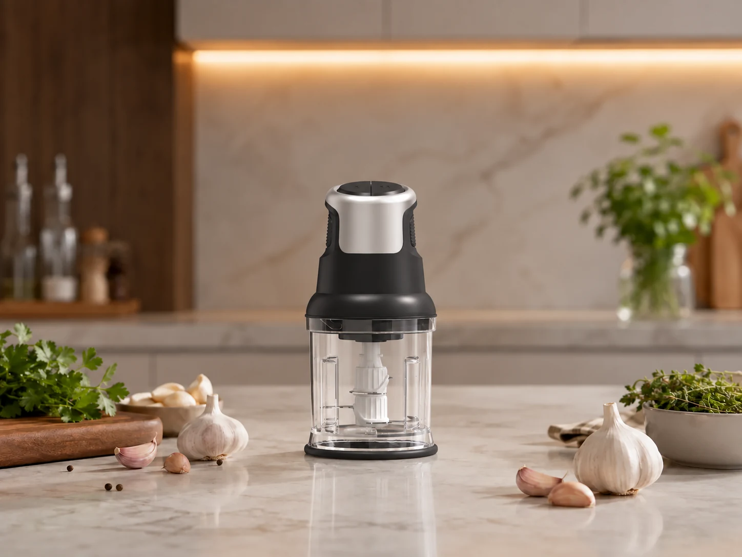 Mini electric food chopper for small-portion preparation