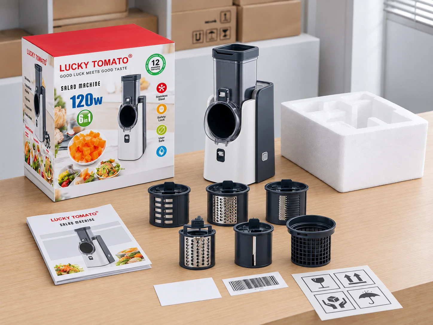 Salad maker retail box, manual, cutting drums and protective packaging