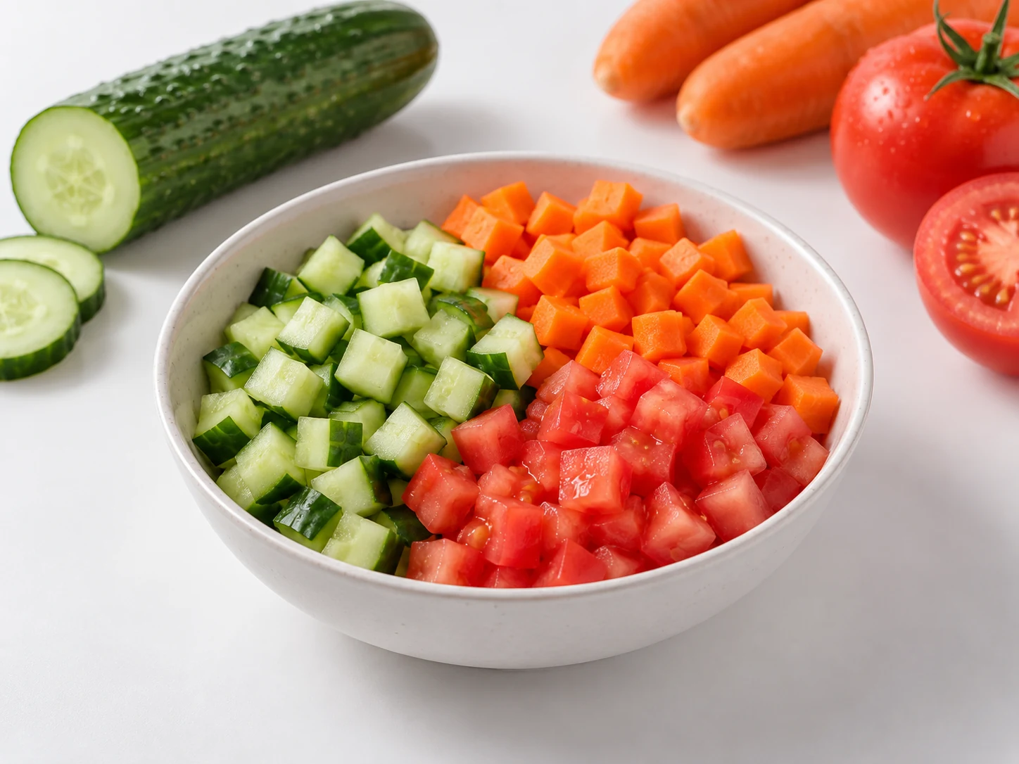 Diced cucumber, carrot and tomato for salads and meal preparation