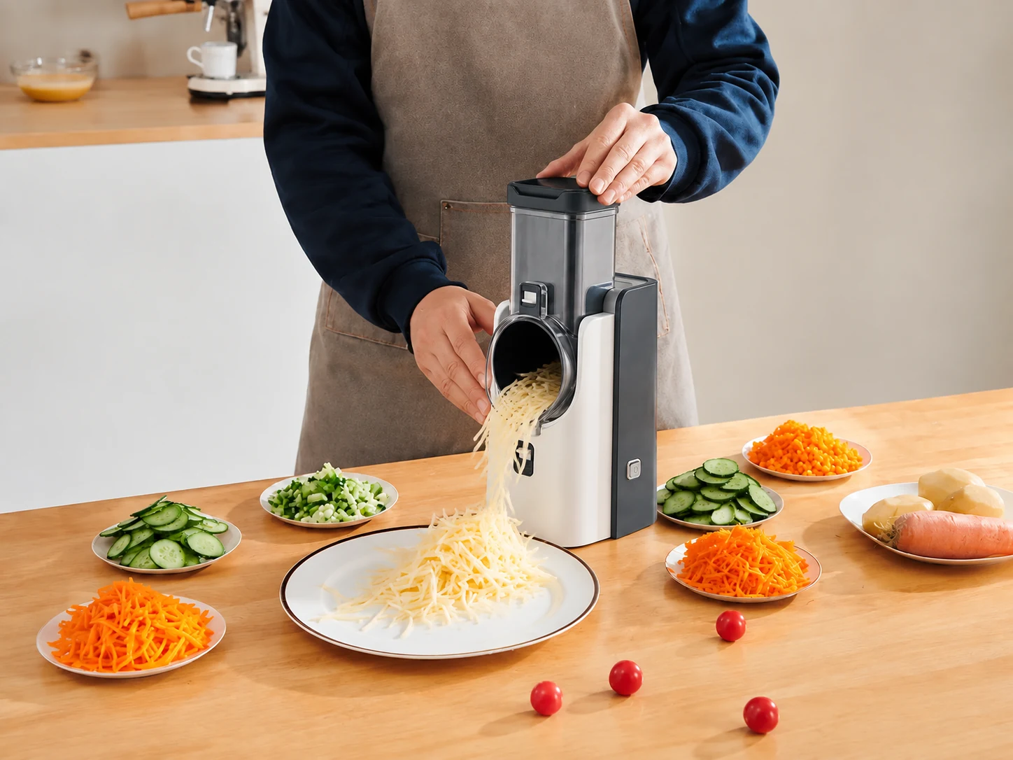 Salad maker shredding vegetables into a serving plate