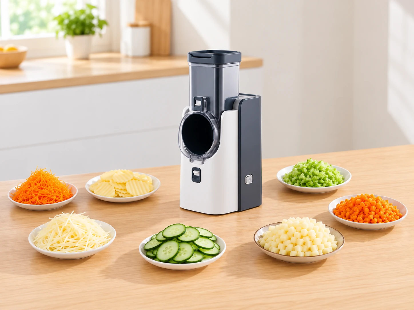 Electric salad maker with sliced, shredded and diced vegetables