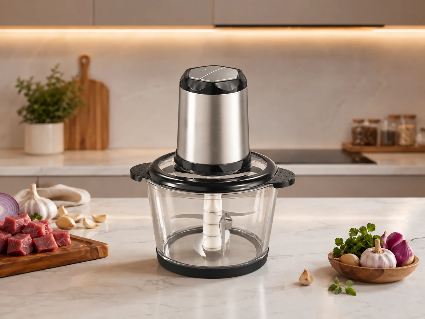 Standard electric food chopper with glass and stainless steel bowl options