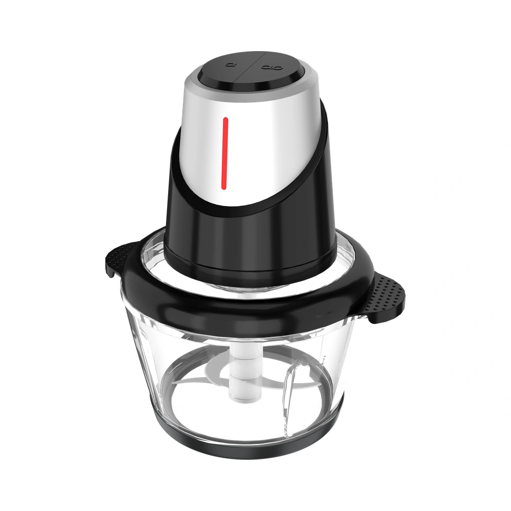 TY-05 food chopper with glass bowl and carry-handle motor, angled view