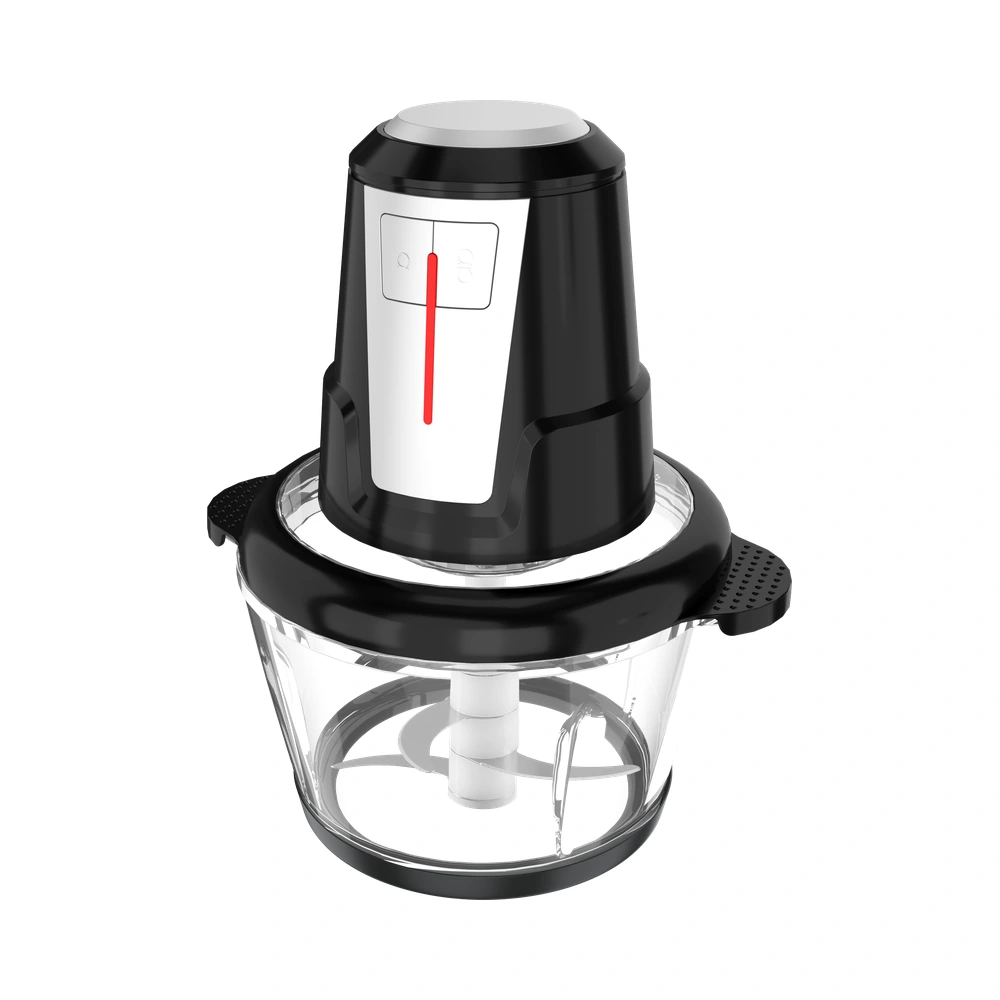 TY-05 food chopper with glass bowl and front-button motor, angled view