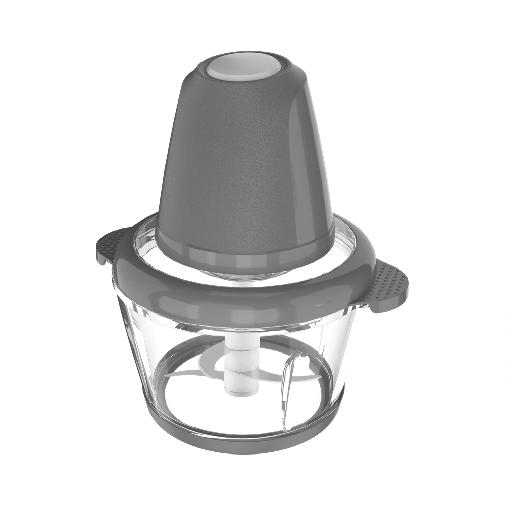 XW-05 food chopper with glass bowl and gray motor, angled view
