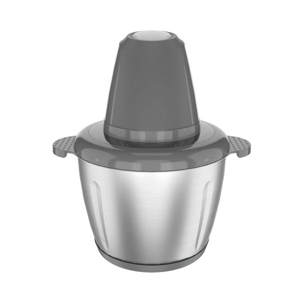 XW-05 food chopper with stainless steel bowl and gray motor, angled view