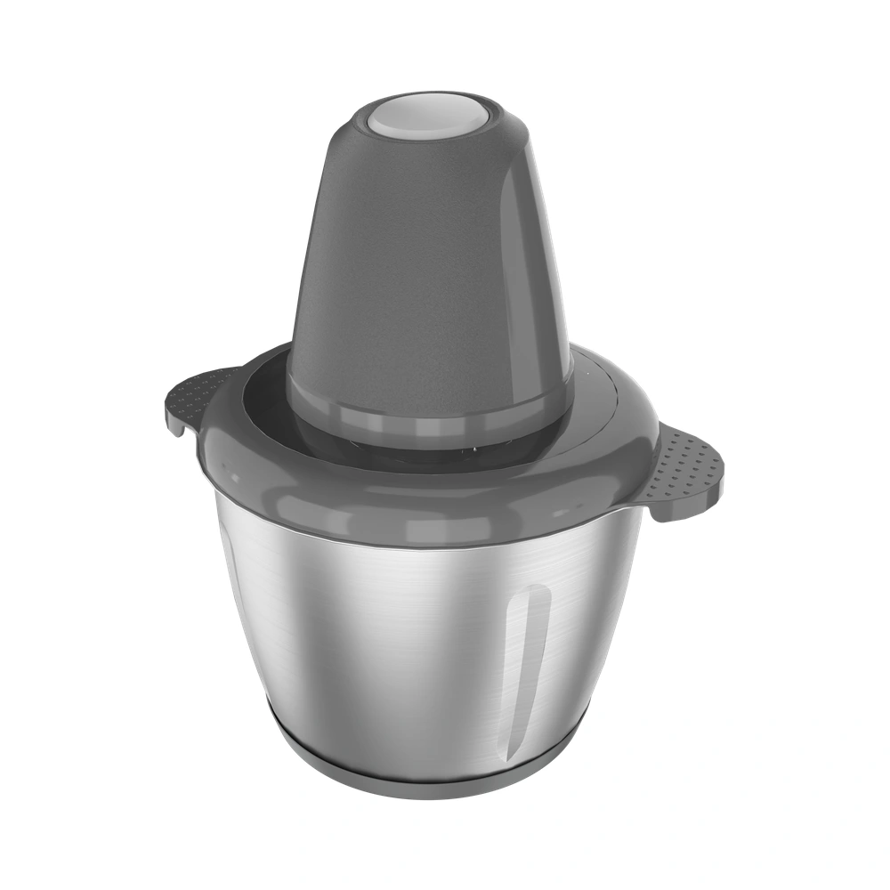 XW-05 food chopper with stainless steel bowl and gray motor, front view
