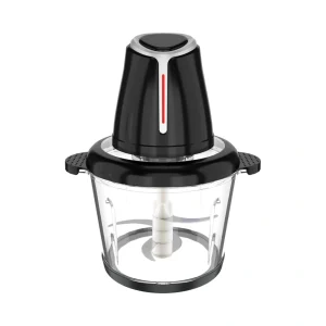 ZQ-05 food chopper with glass bowl and black motor with red front stripe, front view