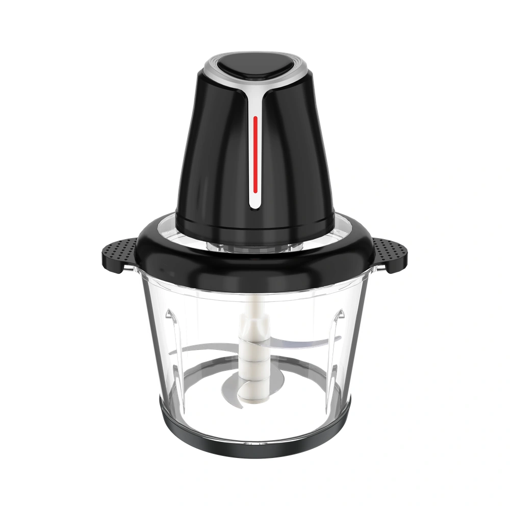 ZQ-05 food chopper with glass bowl and black motor with red front stripe, front view