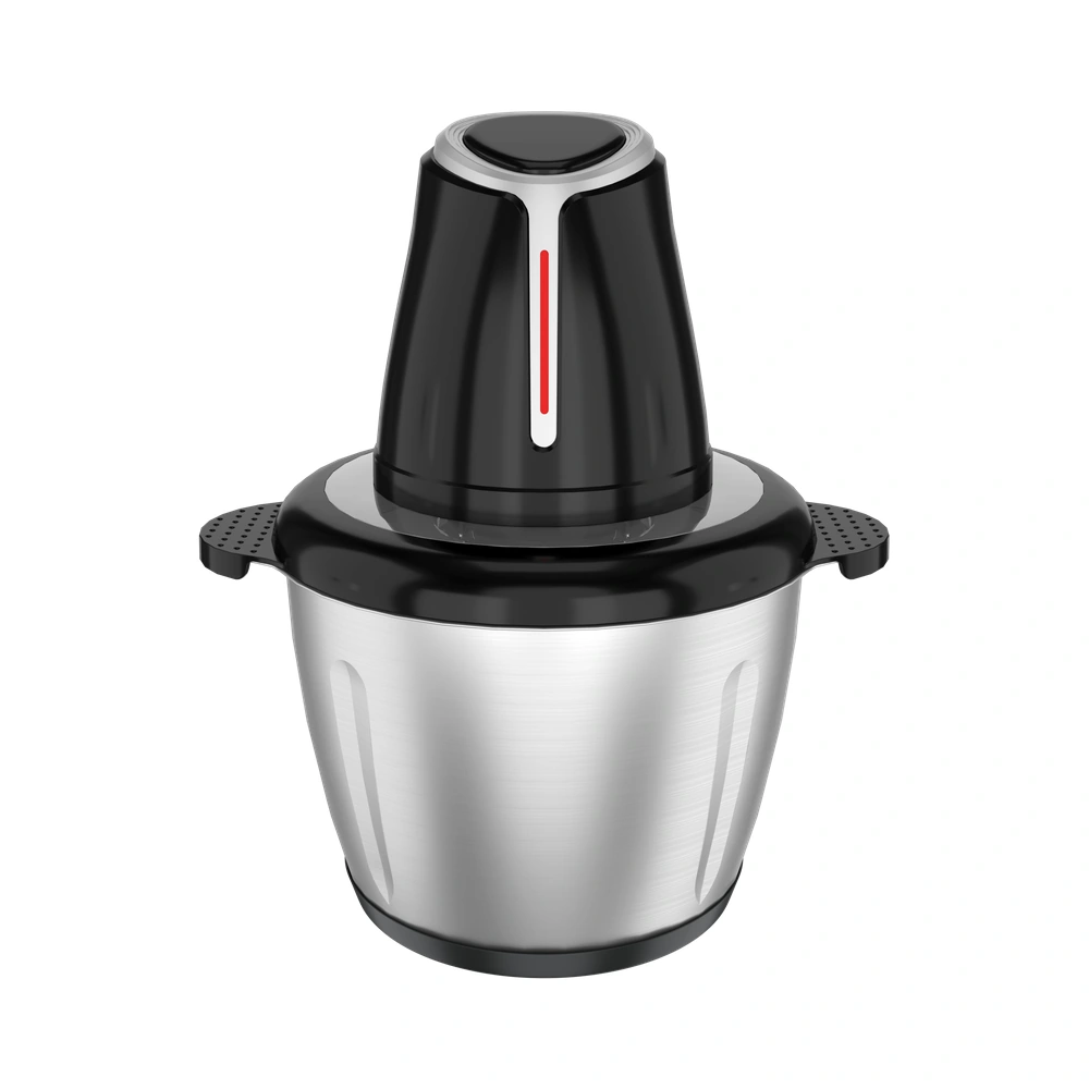 ZQ-05 food chopper with stainless steel bowl and black motor with red front stripe, angled view