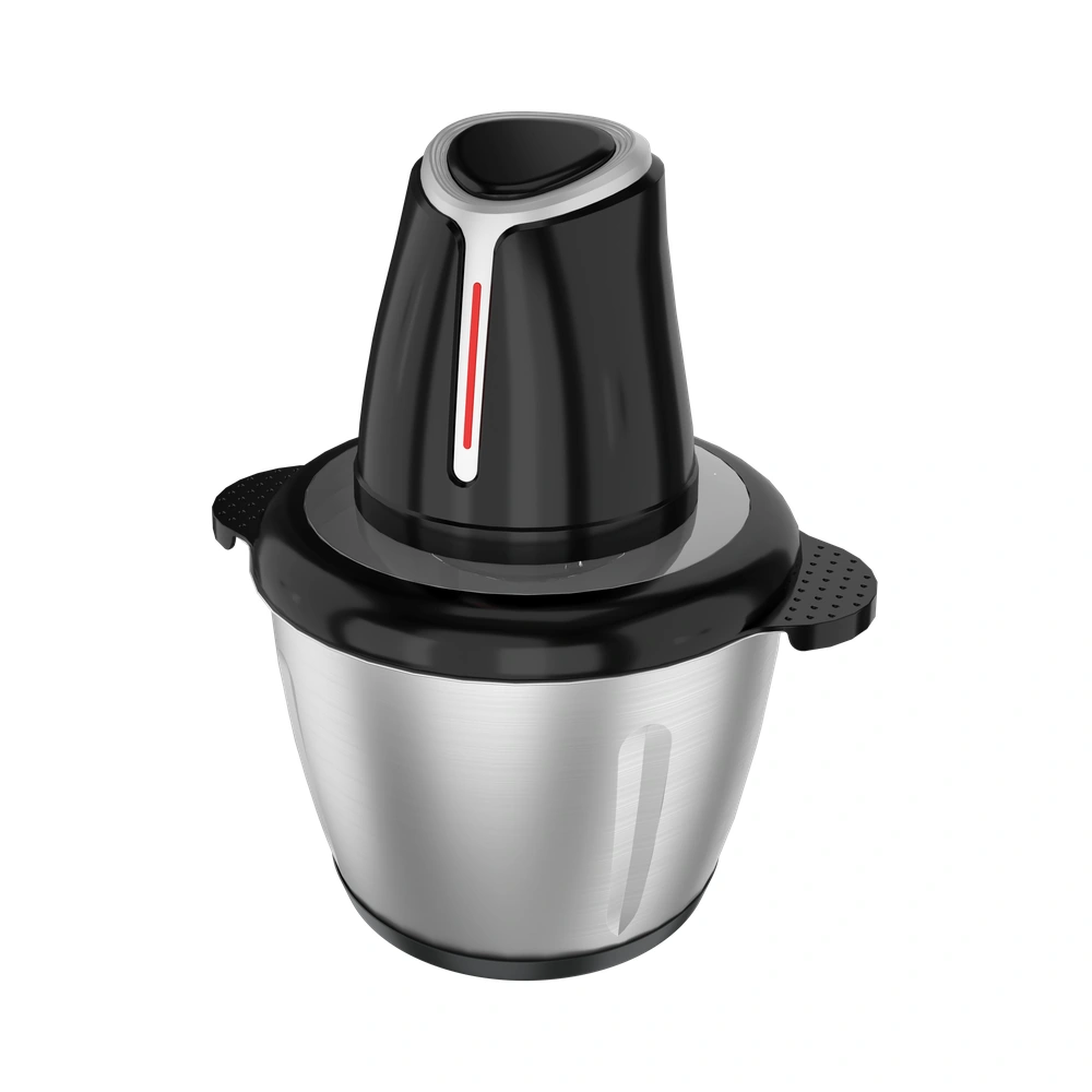 ZQ-05 food chopper with stainless steel bowl and black motor with red front stripe, front view